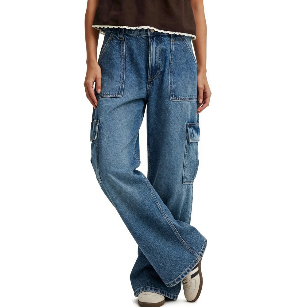 Women High Waist Cargo Jeans Baggy Wide Leg Utility Denim Pants with Multi Pockets Blue L