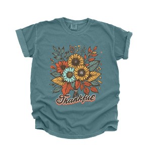 Simply Sage Market Women's Thankful Flowers Short Sleeve Garment Dyed Tee - 1 of 4
