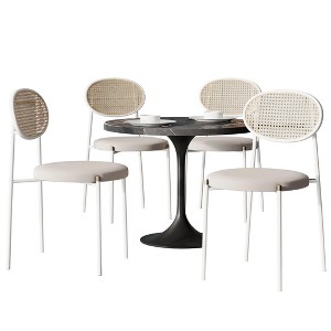 LeisureMod 5-PC Dining Set - 36" Round Dining Table Sintered Stone Top & Black Pedestal, 4 Velvet Dining Chairs in White Steel Legs - 1 of 4