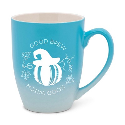 Elanze Designs Good Brew Good Witch Two Toned Ombre Matte Teal and White 12 ounce Ceramic Stoneware Coffee Cup Mug
