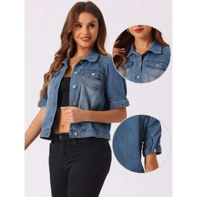 INSPIRE CHIC Women's Casual Short Puff Sleeves Button Down Jean Denim Jacket Large Medium BLue — фото 2