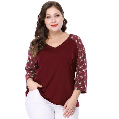 Agnes Orinda Women's Plus Size Top Raglan Floral Print V Neck 3/4 Sleeve Peasant Blouse