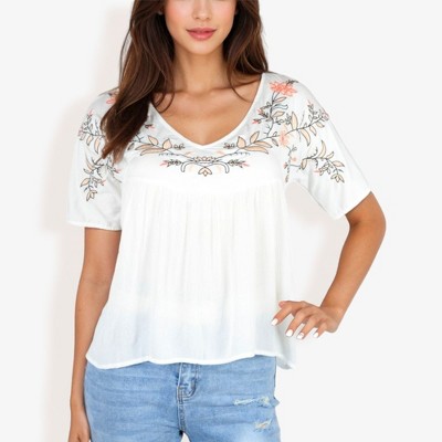 Anna-Kaci Women's Hi-Low V-Neck Blouse With Floral Details And Short Sleeves- Small, White