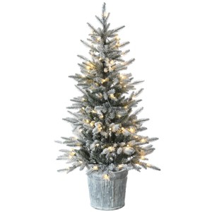 4.5' Prelit LED Flocked Alpine Fir Artificial Entrance Tree in White Metal Base Warm White Lights - National Tree Company - 1 of 4
