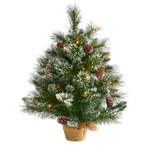 Nearly Natural 2-ft Frosted Pine Artificial Christmas Tree with 35 Clear LED Lights, Pinecones and Burlap Base - 1 of 4