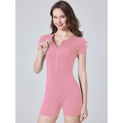 DOMETOUR Zippered One Piece jumpsuit Short Sports Yoga Jumpsuit for Women