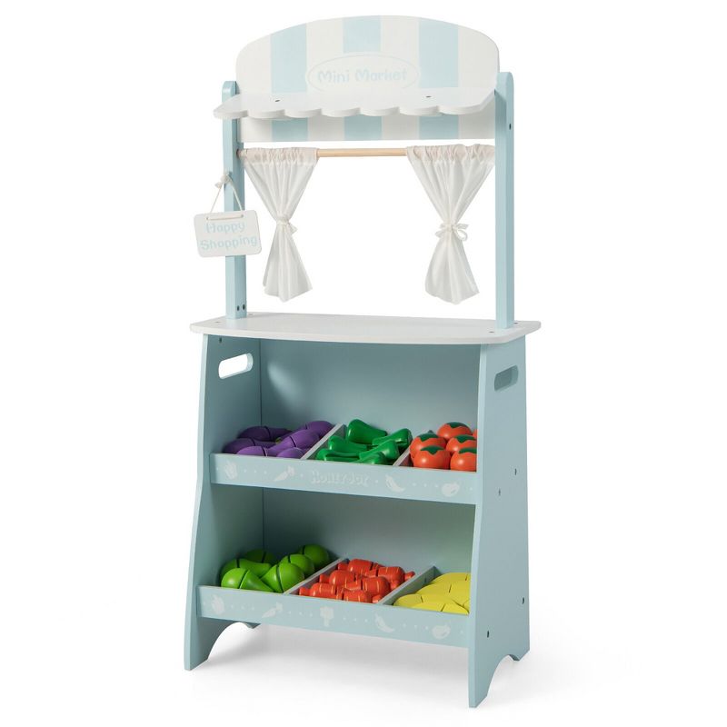 Costway Kid's Farmers Market Stand Wooden Grocery Store Set w/ Cutting Veggies & Fruits Pink\Blue, 1 of 10