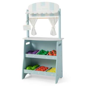 Costway Kid's Farmers Market Stand Wooden Grocery Store Set w/ Cutting Veggies & Fruits Pink\Blue