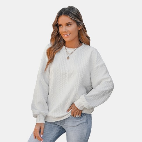 Women s Cream Honeycomb Knit Pullover Sweatshirt Cupshe s white Target