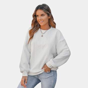 Women's Cream Honeycomb Knit Pullover Sweatshirt - Cupshe