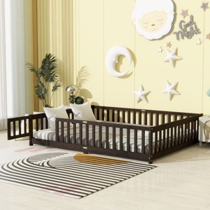 Queen Size Floor Bed for Kids, Safe Montessori Bed with Fence and Door, Low Profile Platform Bed with Guardrails, Wood Frame Bed-Baofuwish - 1 of 4