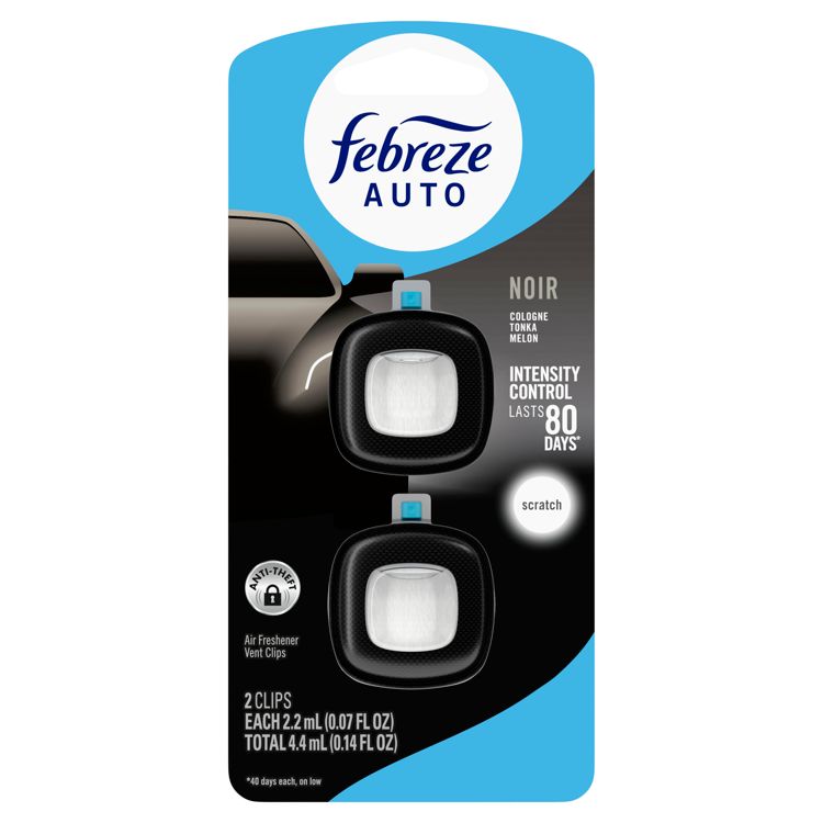 Two black colored Febreze Auto air freshener vent clips with intensity control, labeled "Noir" with cologne, tonka, and melon scent, lasting up to 80 days.