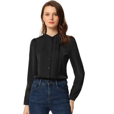 Allegra K Women's Elegant Stand Collar Long Sleeve Blouse Black Medium ...