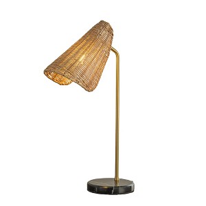 ALOADECOR 22'' Farmhouse Handwoven Rattan Table Lamp Antique Brass Finish Black Marble Base For Bedroom Living Room - 1 of 4