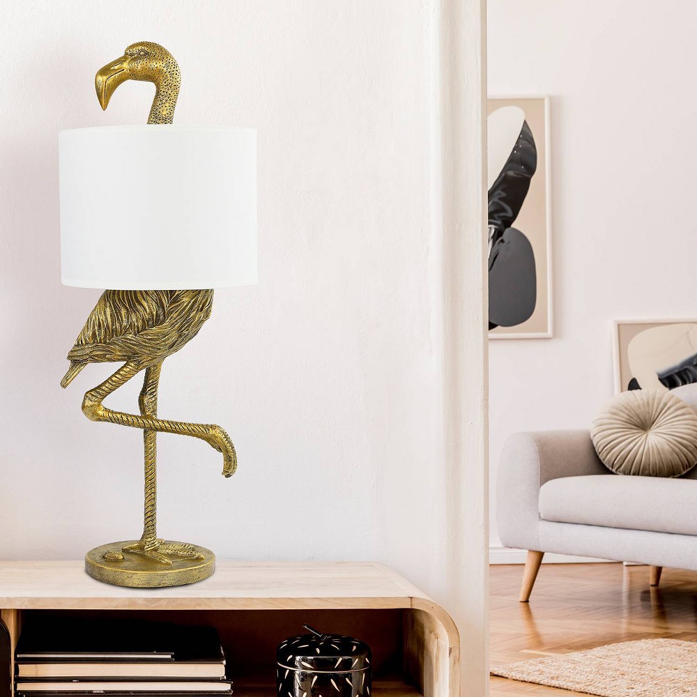 Photos - Floodlight / Street Light Storied Home Resin Flamingo Table Lamp with Linen Shade Gold Finish: Ambient Lighting, ETL & UL Listed, No Battery Required