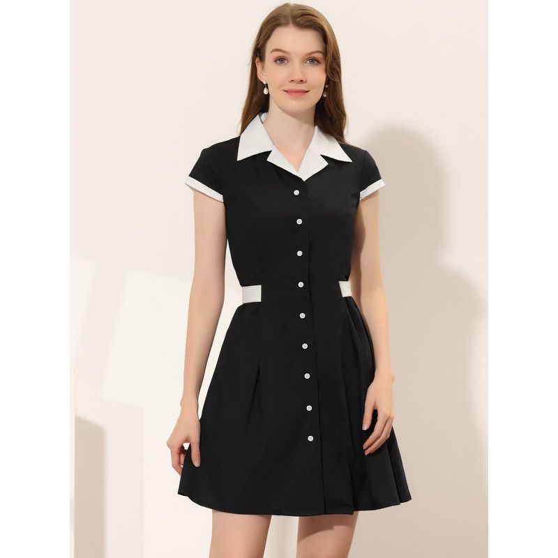 Allegra K Women's Vintage Button Down Flat Collar Belted Office Mini Shirt Dress, 3 of 6