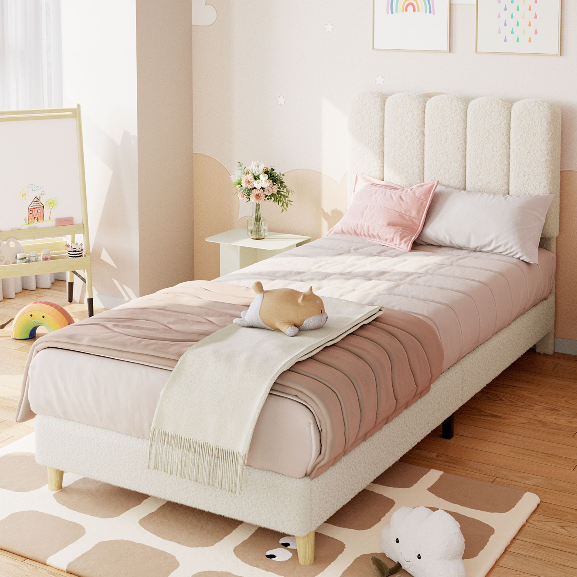 Twin Bed Frame, Boucle Upholstered Platform Bed with Wave Headboard for Girls/Kids, Easy Assembly, Wood Slats Support, No Box Spring Needed, Beige