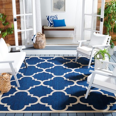 Navy and Beige Synthetic Rectangular Indoor/Outdoor Rug