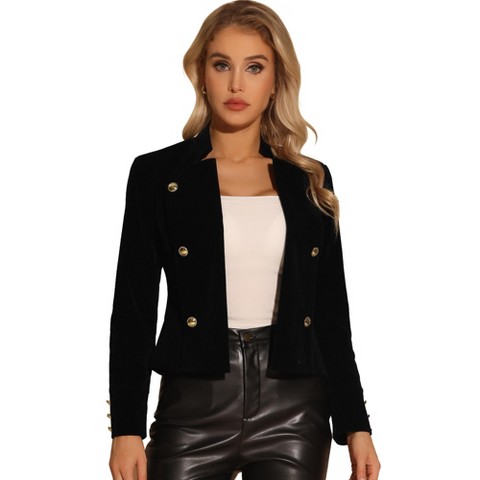 INSPIRE CHIC Women's Vintage Stand Collar Open Front Button Decor Velvet Jackets Black Small