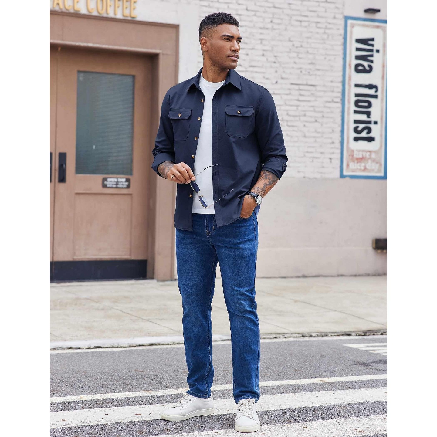 Мужские куртки COOFANDY Long Sleeve Button Down Shirts Jacket Casual Lightweight Fall Shirts for Men Navy Blue XXL Navy Blue, цвет: Тёмно-синий — фото 3