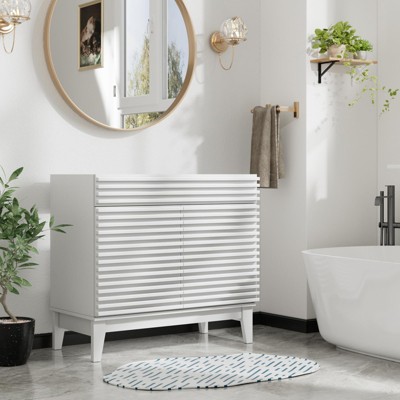 Mid-Century Freestanding Bathroom Cabinet Vanity with Storage, Particleboard Frame with Wood Grain Laminate, Walnut (Sink Basin Not Included)