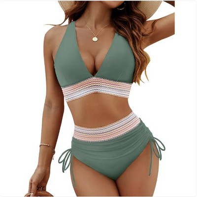 Wikineon Women's High Waisted Bikini Sets Two Piece Tummy Control Swimsuit Color Block Bathing Suits