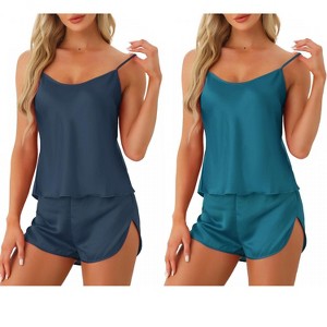 cheibear Women's Silky Camisole Top and Shorts Satin Pajamas Sets 2 Packs - 1 of 4