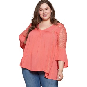 Slickblue Women’s Solid Woven Babydoll Blouse, Crochet Lace & V-Neck, 3/4 Trumpet Sleeves, 1XL, Coral - 1 of 4