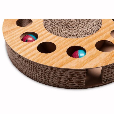 Round Tan Cardboard Cat Scratcher with Toy Balls