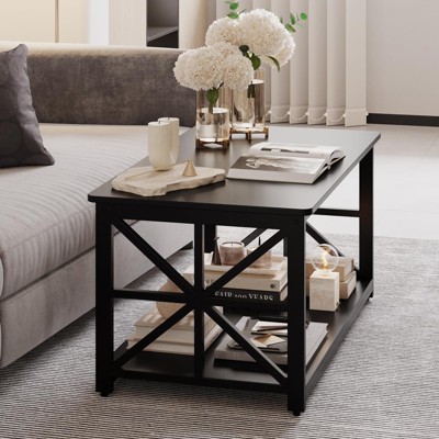 2-Tier Coffee Table for Small Spaces, X-Frame Living Room Low Coffee Table with Storage Shelf