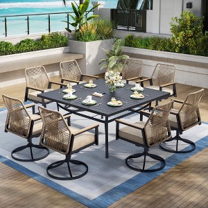 Captiva Designs 9pc Patio Dining Set with Spacious Slat-top Square Metal Table & Beige Rattan Chairs - 1 of 4