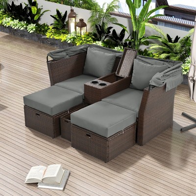 Oris PE Rattan Outdoor Patio Double Daybed, 2-Seater Loveseat Sofa with Foldable Canopy and Cushions, Tanning Near Me - Maison Boucle
