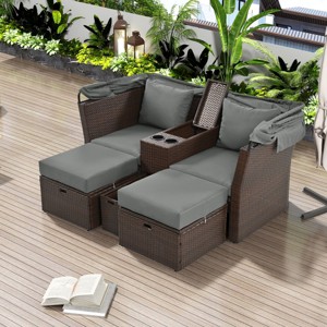 Oris PE Rattan Outdoor Patio Double Daybed, 2-Seater Loveseat Sofa with Foldable Canopy and Cushions, Tanning Near Me - Maison Boucle - 1 of 4