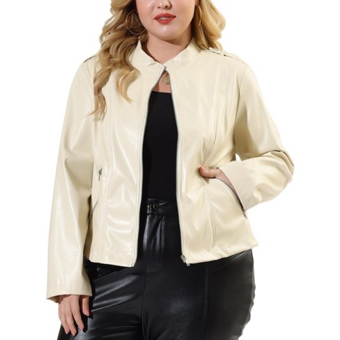 Agnes Orinda Women's Plus Size Pu Motorcycle Zipper Pocket Faux Jackets  Khaki 2x : Target