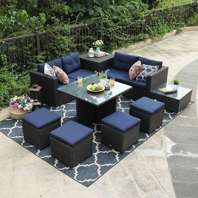 9pc Patio Furniture Set with Sofa, Table & Stools - Captiva Designs