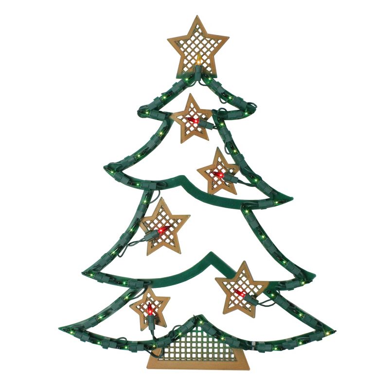 Northlight 17.75" Lighted Green and Gold Christmas Tree with Stars Outdoor Window Silhouette, 1 of 4