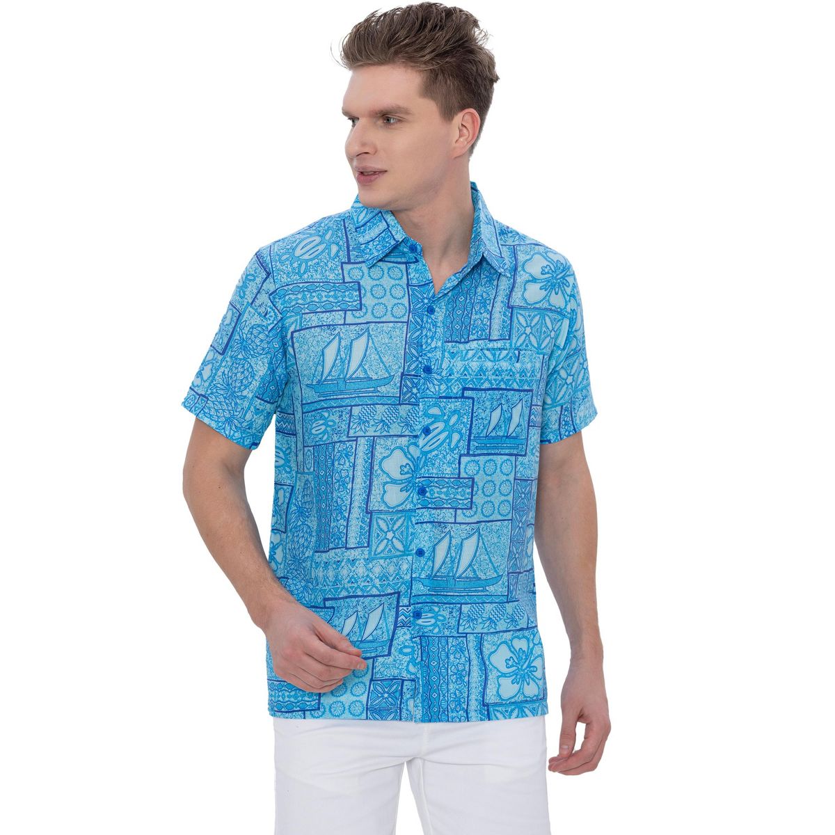 HAPPY BAY Men's Hawaiian Shirt Fashion Button Down Short Sleeves Holidays Aloha Party Casual Tops Summer Beaches Shirts for Men XXL Blue Floral