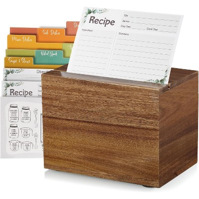 Recipe Box, Wooden Recipe Organizer, Black Holder with 50 Recipe Cards 4"x6" & 6 Dividers, Book for Your Recipes