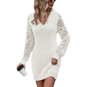 Coolmee Women's Fall Dress Hollow Out Long Sleeve V Neck Knit Dress Sweater Bodycon Pullover Jumper Sweaters Mini Dress - 1 of 4