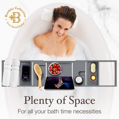 Adjustable Gray Bamboo Freestanding Bathtub Tray Caddy