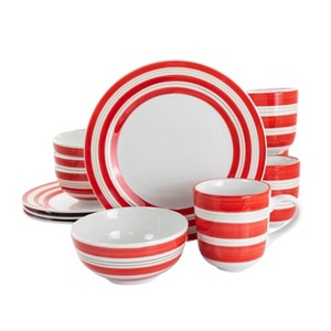 Gibson Home Sunset Stripes 12 Piece Round Fine Ceramic Dinnerware Set in Red - 1 of 4