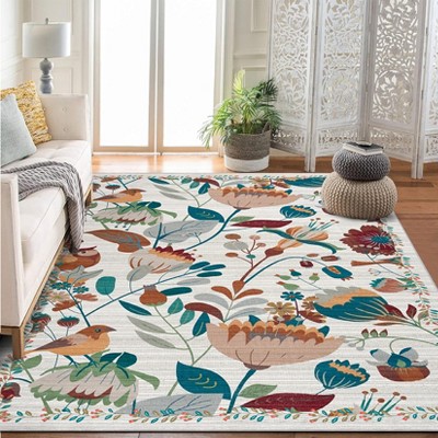 Boho Bird Area Rug Washable Floral Bedroom Low-Pile Soft Playroom Carpet, Jungle Pattern Vintage Indoor Floor Rug for Living Room Nursery Farmhouse