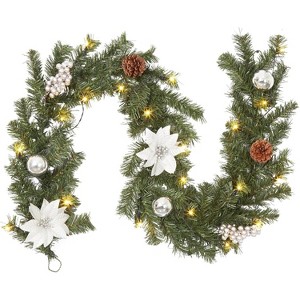 GAOMON Christmas Garland with Lights, 6Ft Battery Operated Garland Christmas Decorations with Poinsettias Ball Ornaments - 1 of 4