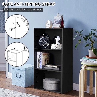 Black MDF Modern 3-Tier Open Shelf Bookcase
