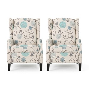 Christopher Knight Home Set of 2 Wescott Contemporary Fabric Recliners Light Beige with Blue Floral/Dark Brown : Upholstered Wingback Accent Chairs - 1 of 4