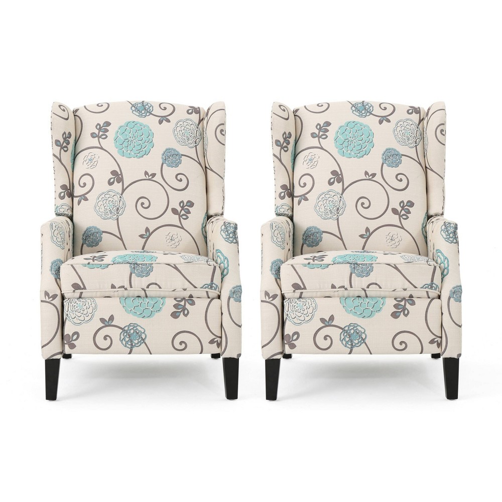 Photos - Chair Set of 2 Wescott Contemporary Fabric Recliners Light Beige with Blue Flora