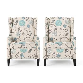 Set of 2 Wescott Contemporary Fabric Recliners Light Beige with Blue Floral/Dark Brown - Christopher Knight Home