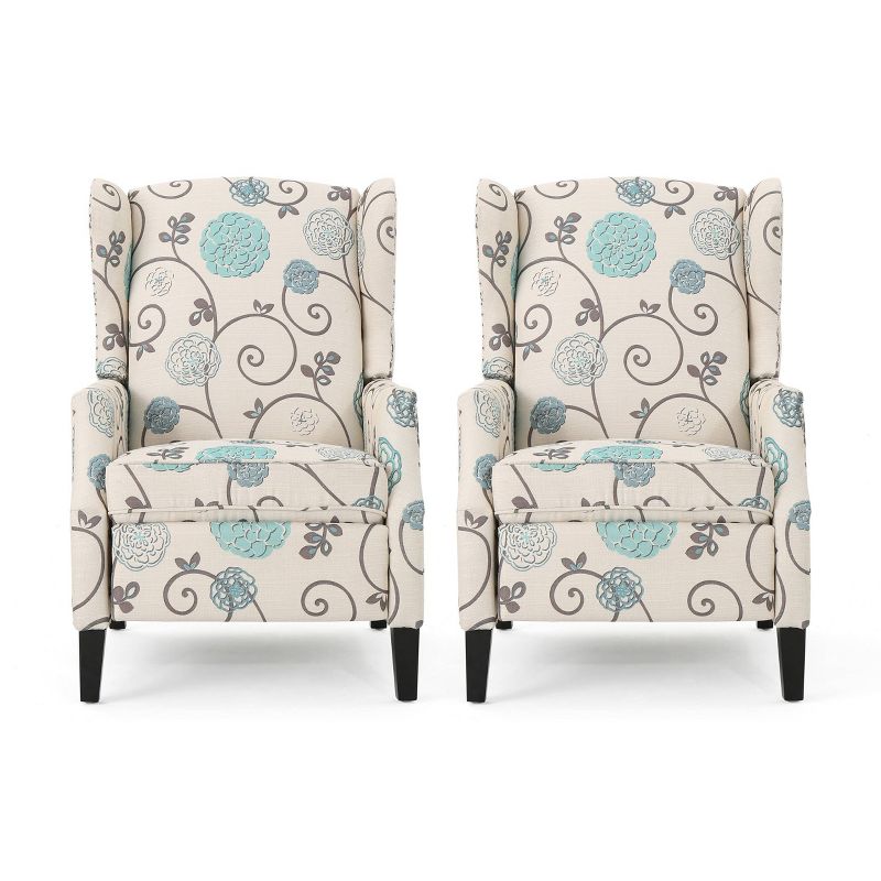 Set of 2 Wescott Contemporary Fabric Recliners Light Beige with Blue Floral/Dark Brown - Christopher Knight Home, 1 of 14