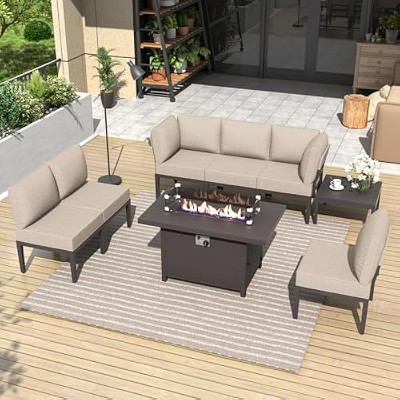 ALAULM 8 Pieces Metal Patio Furniture Set Modern Metal Outdoor Conversation Sets w/45"Propane Fire Pit Table, Patio Sectional Sofa w/5 "Cushion, Sand