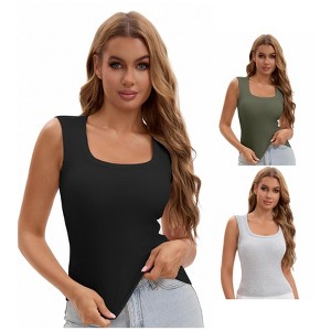 INSPIRE CHIC Women's 3 Packs U-Neck Tank with Built-In Bras Ribbed Wide Straps Undershirt - 1 of 4